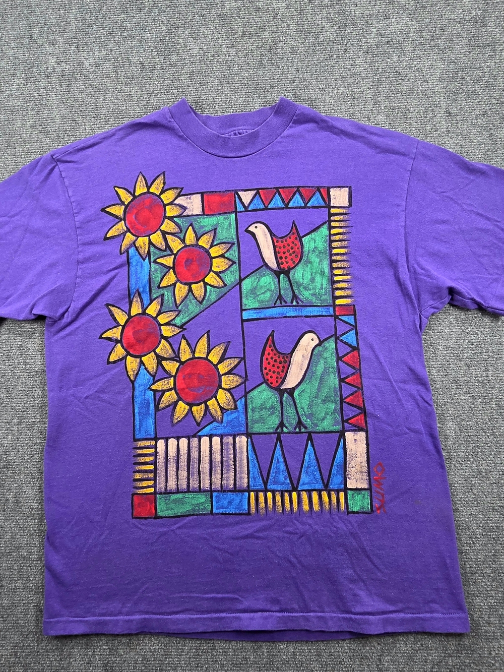 Vintage 90s SUMO Folk Art T-Shirt Size Large Hanes Beefy-T Single Stitch USA